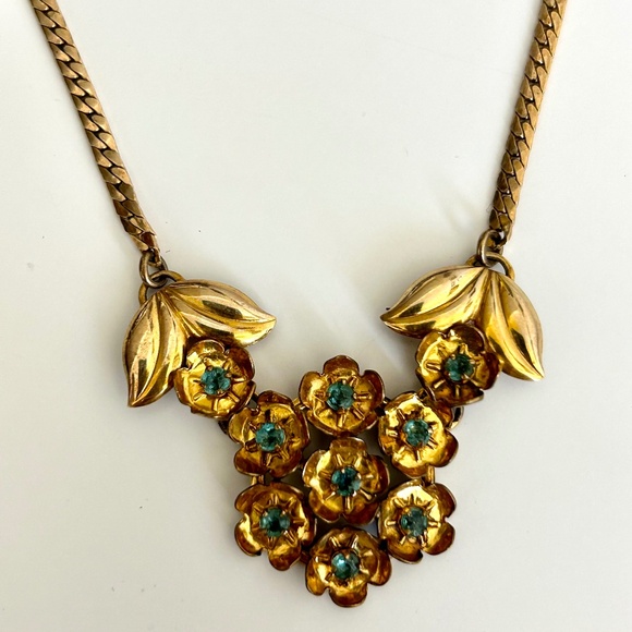 Vintage Gold Filled Floral Necklace — Turquoise Crystal Accents — Signed - Picture 5 of 9